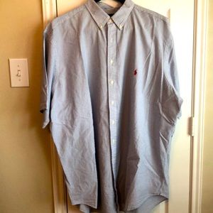 Ralph Lauren 3XL Tall Short Sleeved Button Down Blue White Stripped and Red Logo